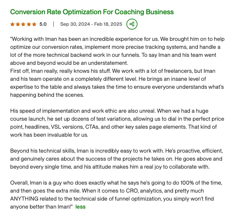 Client review: Conversion Rate Optimization for Coaching Business